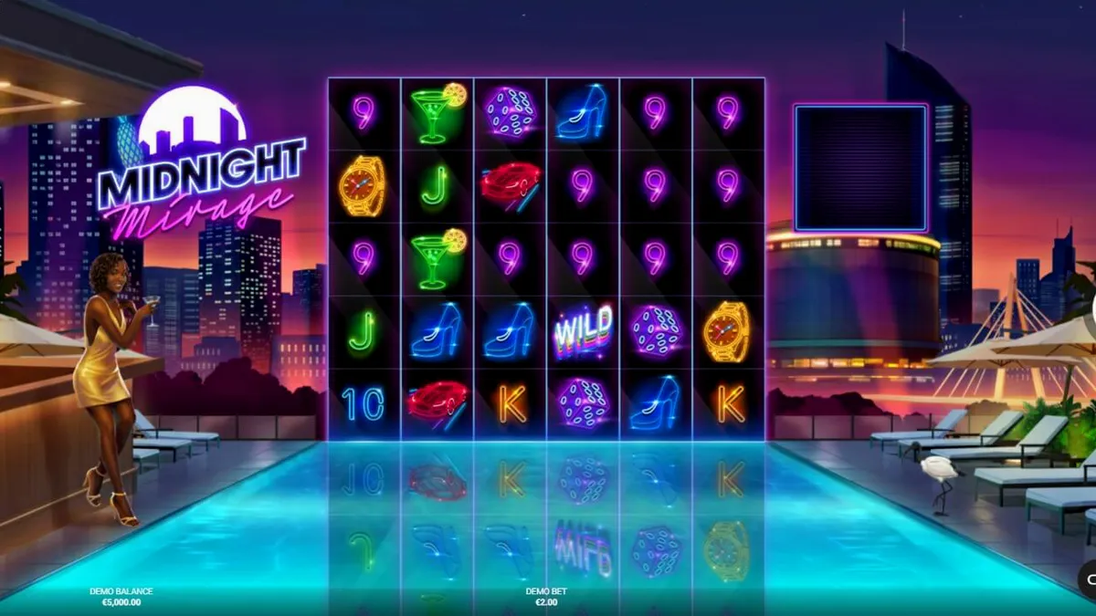 Tampilan visual slot Midnight Mirage dengan nuansa neon Miami Vice yang dramatis