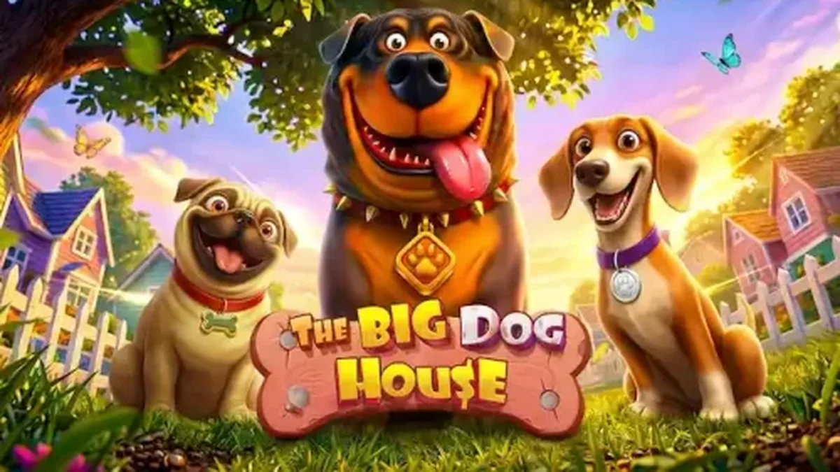 Tampilan visual slot The Big Dog House dengan simbol anjing dan elemen kolosal